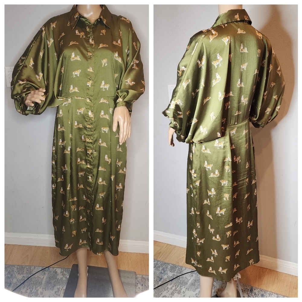 Zara Tiger Printed Green Satin Button Front Balloon Sleeve Pleated Midi Dress. M - Picture 7 of 17